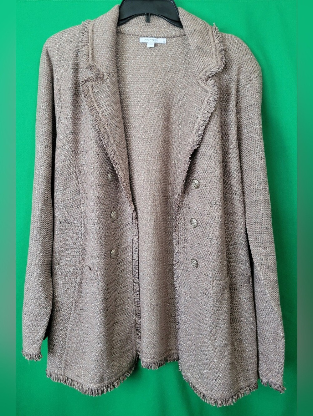 Chico's Frayed Knit Blazer Women Jacket Tailored Fringe Double Breasted Tweed